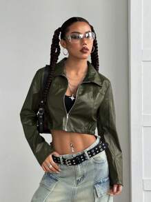 StreetHx Cropped Burgundy Leather Zip-Up Jacket - Olive Green - View 5