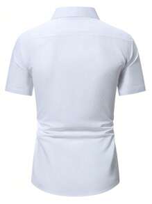 Manfinity Mode Men's Front Button Short Sleeve Pocket Casual Top (Graphic Print Asymmetric Cut), Men's Summer Dress Shirts, Business Casual Men's Shirts, Office Shirts Men, Elegant Shirts For Men - White - View 2