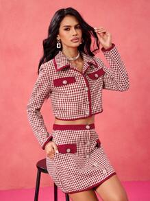 Becci Chaqueta corta casual de diseñador con botones de strass, estampado de pata de gallo rojo vintage, para primavera y festival - Rojo y blanco - Ver 5