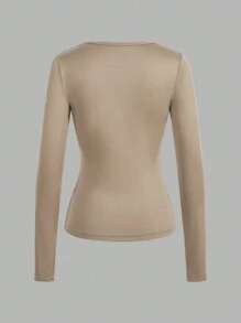 SHEIN EZwear Set de 4 Camisetas básicas de manga larga con cuello en V profundo y ajuste ceñido, apropiadas para primavera y verano - Multicolor - Ver 6