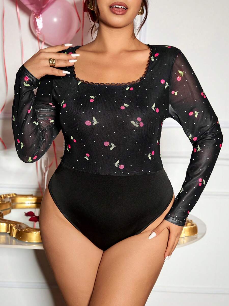 SHEIN Frenchy Plus Size Women Plunging Neck Lace Patchwork Cherry Print Semi-Sheer Bodysuit, Fashion Casual Valentine's Day Spring Summer