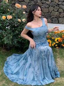 DAZY 1pc Floral Print Women Long Slip Dress SunDress - Blue - View 5