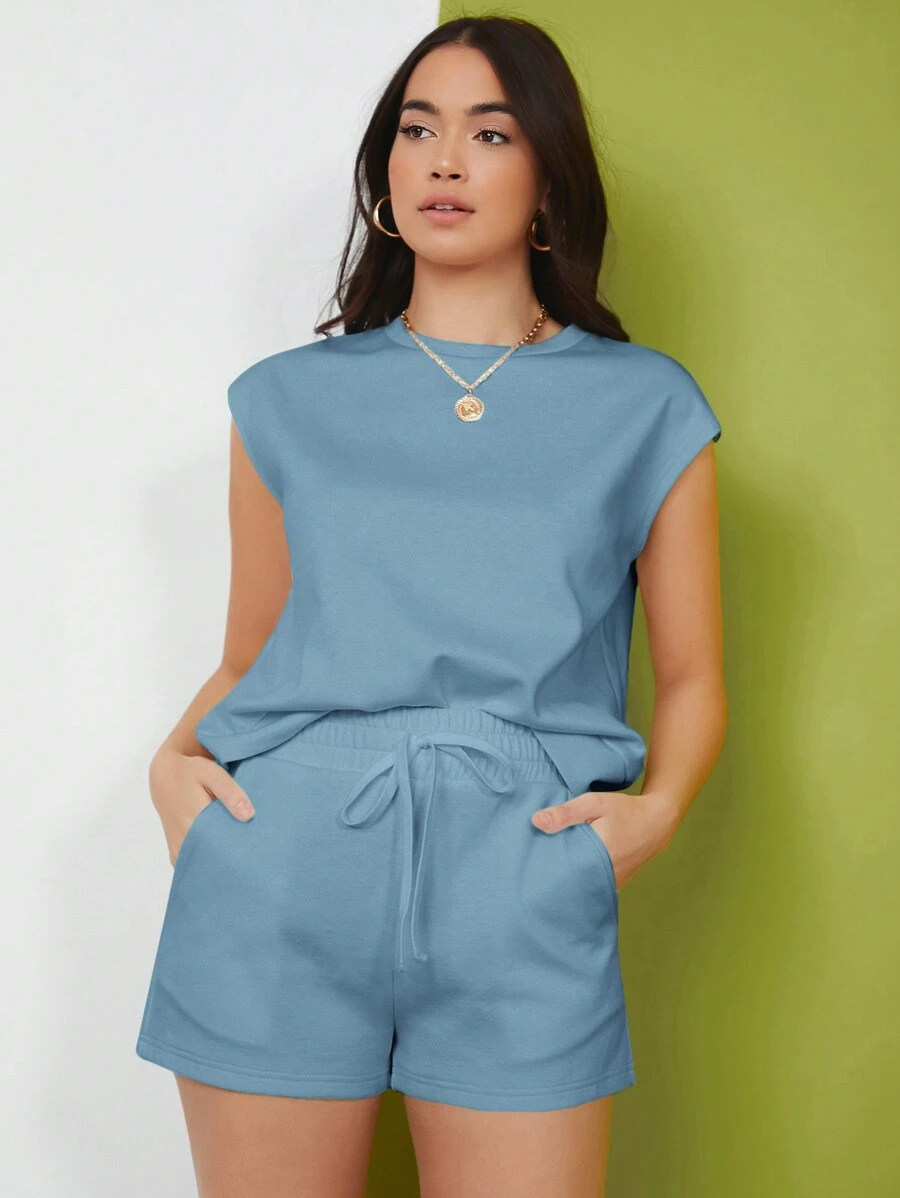 SHEIN Essnce 2 件套女士无袖纯色简约休闲短裤套装 - 藍色 - 查看 1