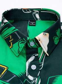 Manfinity Homme 男士前扣短袖全身印花休闲 T 恤，男士休闲幸运四叶草印花圣帕特里克节短袖衬衫 - 綠色 - 查看 5