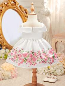 SHEIN Baby Girl Cute Floral Print Sleeveless Dress, Summer - White - View 2