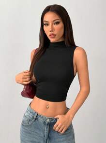 SHEIN PETITE Black Mock Neck Ruched Tank Top Simple Fashionable Daily Casual