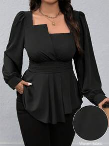 Rometta Blus Kasual Ukuran Besar dengan Bahu Asimetris, Lengan Raglan, Ikat Pinggang, dan Hem Bentuk Lentera untuk Wanita, Pakaian Musim Gugur - Hitam - View 1