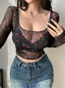 DAZY 情人节玫瑰与花卉印花透明网眼粉色短款方领长袖 T 恤女士节日、秋季服装