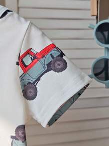2pcs/Set Toddler Unisex Cute Cartoon Car Print Top And Gray/Green Shorts Outfit, Perfect For Baby Boy To Wear In Summer For All Occasions - Multicolor - View 6