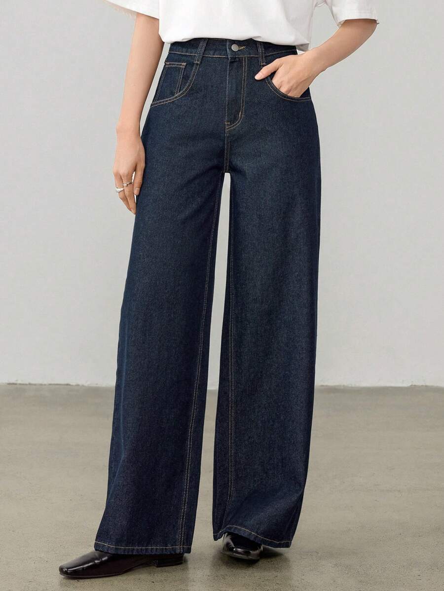 Dazy-Less سراويل جينز نسائية ذات لون أحادي وساق مستقيمة، بطراز القديم المال، أناقة كاجوال للعمل - أزرق داكن - مشاهدة 1