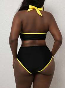 SHEIN Slayr CURVE Plus Size Women 2 Pieces Swimwear Set, Multi-Color Cross Strap Long Lace-Up Halter Top & Bottom, Elegant Casual Resort Wear Summer