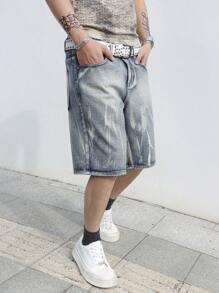 Manfinity Roghcode Quần short denim rách giặt thường ngày cho nam - Màu xanh lam - Xem 6
