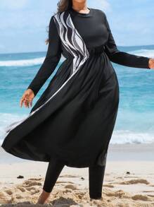 Swim Mulvari Plus Size 2pcs Women European Style Random Line Print Burkini Set: Long Mesh Decorated Tankini Top And Solid Color Pants For Summer Beach Vacation  Clothing Burkinis   Bohemian - Black and White - View 4