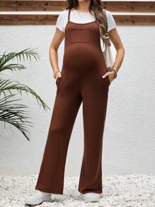 SHEIN Casual Brown Sleeveless Pocket Maternity Wide Leg Jumpsuit
