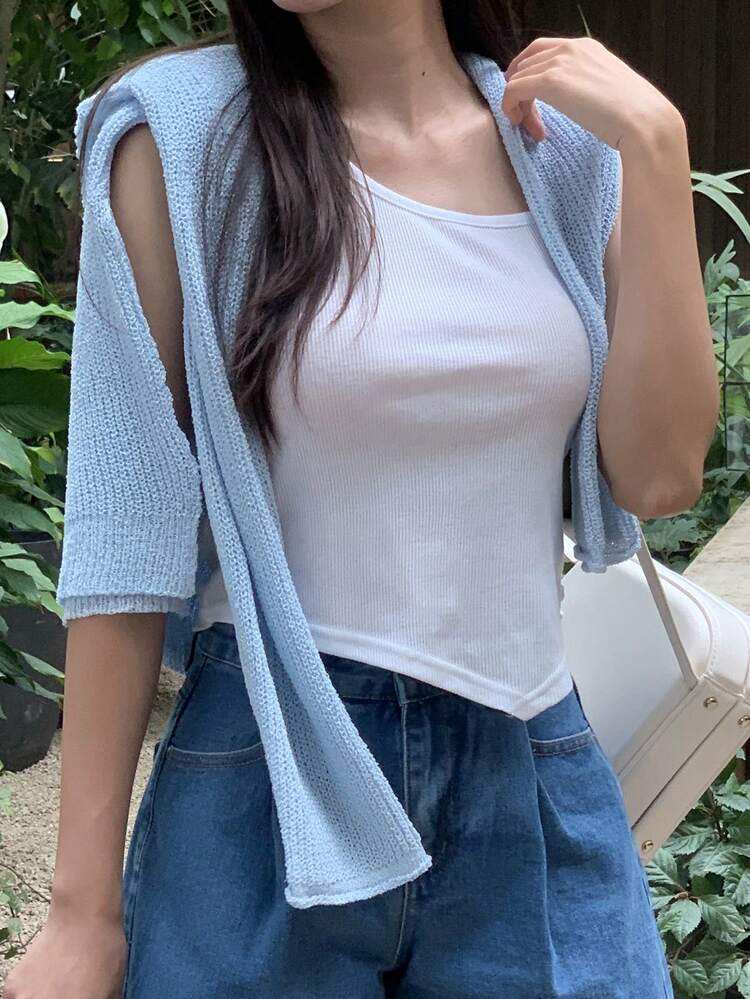 Women's Solid Color Asymmetrical Neck White Basic Tank Top, Spring/Summer