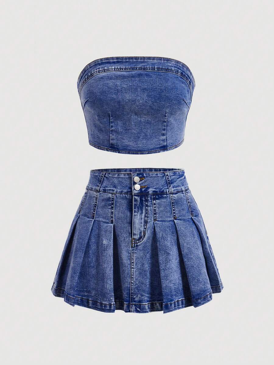 SHEIN EZwear Women's Casual Washed Tube Top And Pleated Denim Skirt — free download