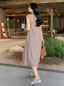 DAZY 无袖 A 字形系腰长裙，条纹领口太阳裙衬衫裙 - 棕色 - 查看 6