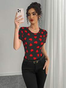 Chiquease Women's Round Neck Short Sleeve Heart Print Tie Back Shirt, Minimalist Style