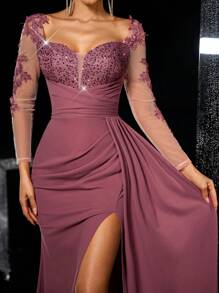 Glamrae Elegant Luxurious Embroidered Lace Applique Sheer Long Sleeve Crinkle Ruffle Side Slit Fishtail Hem Dress, Suitable For Weddings, Parties, Vacations, Galas, Evening Formal Occasions, Wedding Guest Dress, Party Dress,Gown