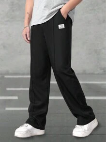 SHEIN Teen Boy Loose Knit Label Straight Leg Pants, Suitable For Streetwear & Sports, Spring And Summer, School, Campus, College - Black - View 7