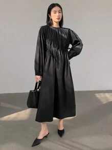 Dazy-Less Loose Casual Drawstring Tie Waist Mid-Length Dress For Women,Ruffle,Fall Dress Business Casual Woman Work Clothes Long Sleeve Dress