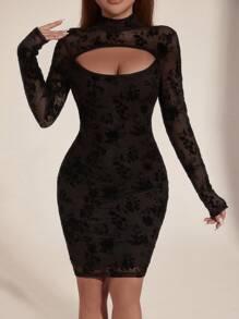 Glamine Vestido de manga larga ajustado con cuello alto y diseño calado, ideal para el Día de San Valentín