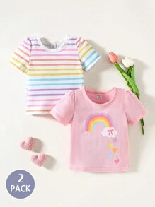 2pcs Baby Girls Short Sleeve Printed Top Set, Spring/Summer - Multicolor - View 1