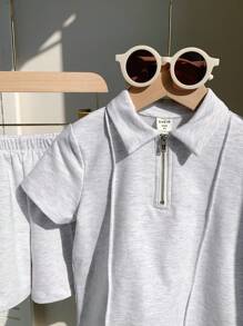 SHEIN 2pcs/Set Young Boys Casual Loose Knit Solid Color Polo Shirt And Shorts Set, Suitable For Kids Outfits, Back To School, Parties, Events, Weddings, Baptisms, Daily Wear, Sports, Spring/Summer - Grey - View 5