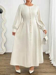 Celure Vestido largo de manga larga y cuello redondo minimalista con solapa falsa, elegante