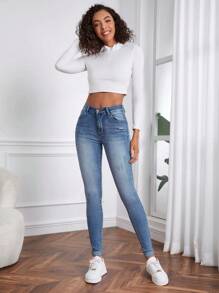 SHEIN Tall Women's Casual Medium Wash Denim Jeans: Long, Ripped Detail, And Zipper Fly - Medium Wash - View 3