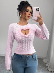 Chiquease 新款修身性感柔软甜美纯真心形镂空针织套头毛衣，女士春秋/秋冬针织套头衫 - 粉色 - 查看 1