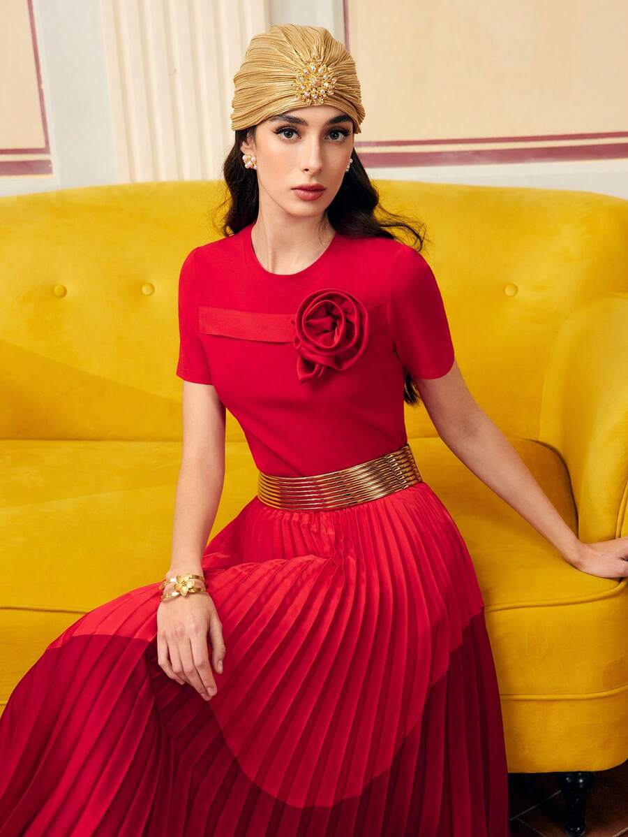 ZEYLAH STEREO FLORAL Rose SHORT SLEEVE T-SHIRT FOR Valentine's Day, NEW YEAR,SPRING/SUMMER - Red - View 1