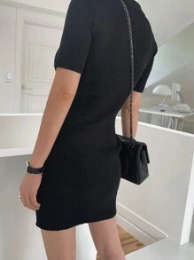 DAZY Women Short Wrap Style Short Sleeve Polo Neck Sweater Dress Fall - Black - View 5