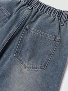 SHEIN Tienermeisjes Witte kralen Vintage Blauwe Losse Rechte Jeans