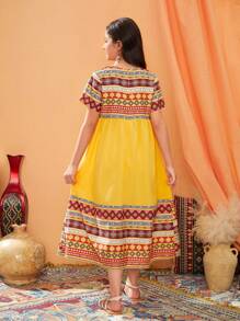 Tween Girl 休闲花卉复古印花黄色夏季连衣裙 - 黃色 - 查看 2