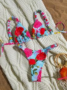 SHEIN Swim Women's Sexy V-Neck Spaghetti Strap Floral Print Bikini Set For Summer - Multicolor - View 3