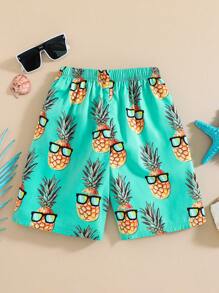 SHEIN Tween Boy Casual Pineapple Print Loose Shorts, Suitable For Summer Beach, Outdoor Play & Swimming - Multicolor - View 3