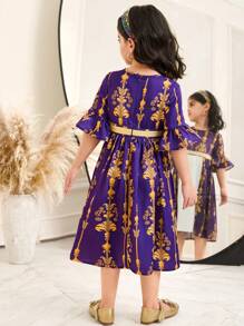 SHEIN DRMZ Young Girl Royal Blue Chiffon Ditsy Floral Splice Round Neck Snug Fit Dress,Summer Elegant Party Wedding Sibling Sisters Outfit For Festivals - Multicolor - View 2