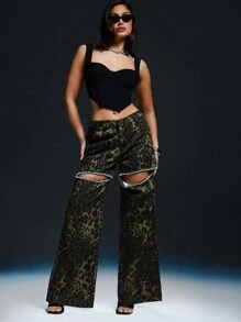 Denimoi Leopard Print Rhinestone Cut Out Jeans