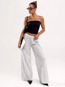 SHEIN BAE De damă, culoare uni, talie elastică, simplu, detaliu în dungi, pantaloni largi, cu talie joasă, potriviți pentru îmbrăcăminte zilnică ocazională, ieșiri - Multicolor - Vizualizare 5