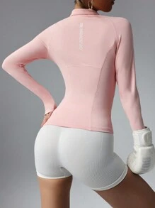 Easithlete Autumn/Winter Long Sleeve Sports Jacket With Thumb Hole And Slogan Print - Pink - View 4