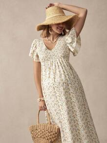 Boho Mama Boho Ditsy Floral Maternity Dress, Romantic For Vacation, Commuting - Apricot - View 7