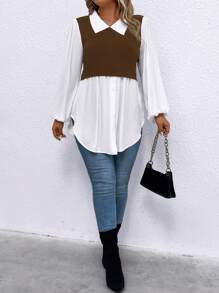 Calvaya Plus Size Women Casual Colorblock Patchwork Lantern Sleeve Sweater Top - Coffee Brown - View 5