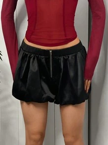 EgrlEra Shorts mini de satén con cremallera delantera y farol para mujer, para verano, playa y crucero - Negro - Ver 1