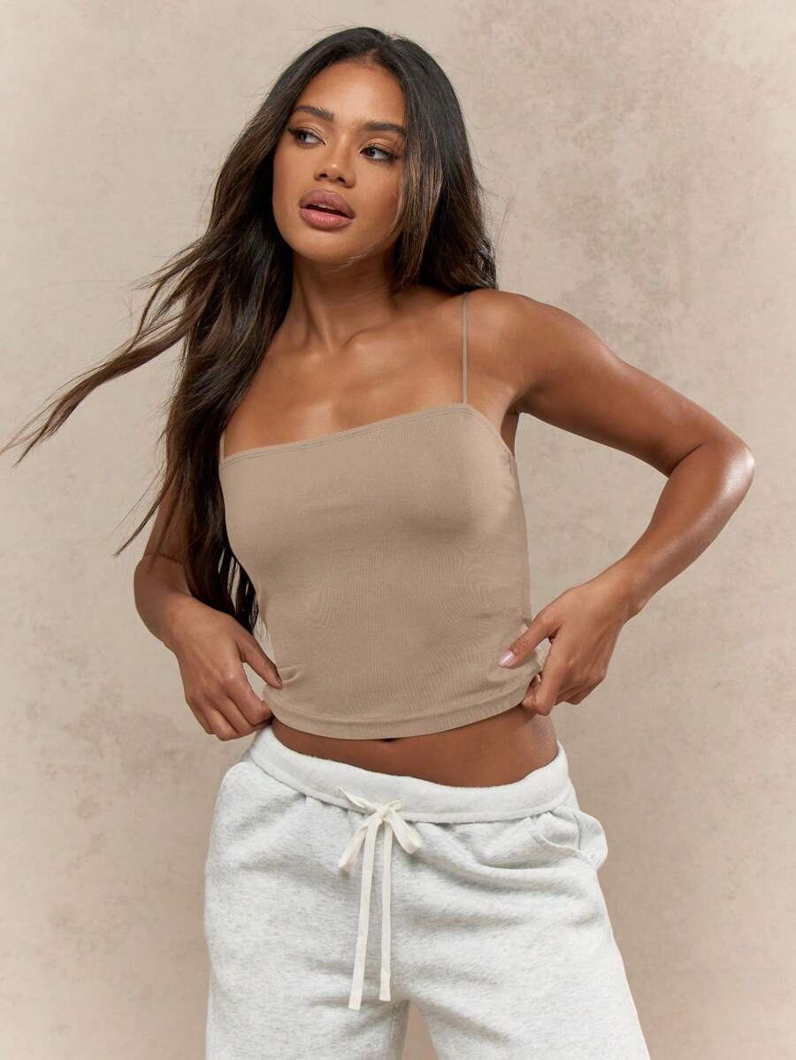 MISSGUIDED Seamless Thin Strap Bandeau Crop Top Ribbed Yoga Athletic Lounge Summer Stretchy Basic Camisole Exercise Dance Festival Tank - Khaki - View 1