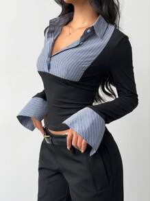 Rina Fox 女士春夏条纹长袖修身衬衫女士衬衫