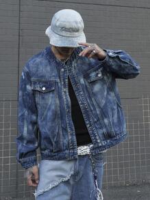 Manfinity EMRG 男士前扣长袖口袋简约休闲牛仔夹克 - 藍色 - 查看 7