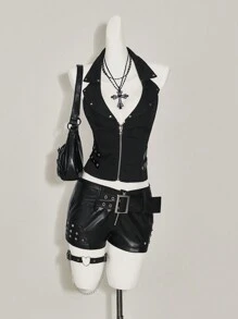 SHEIN ICON 女士无袖前拉链休闲上衣，日常穿着 - 黑色 - 查看 11