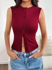 Flirla Wine Red Rib-Knit Open Front Button Sleeveless Cropped Camisole Top, Fashionable Minimalist Sweet Design, Super Stretchy & Soft, For Women Spring/Autumn