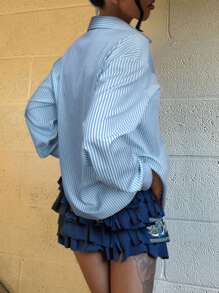 SHEIN Essnce 女士前扣长袖条纹休闲衬衫，日常穿着